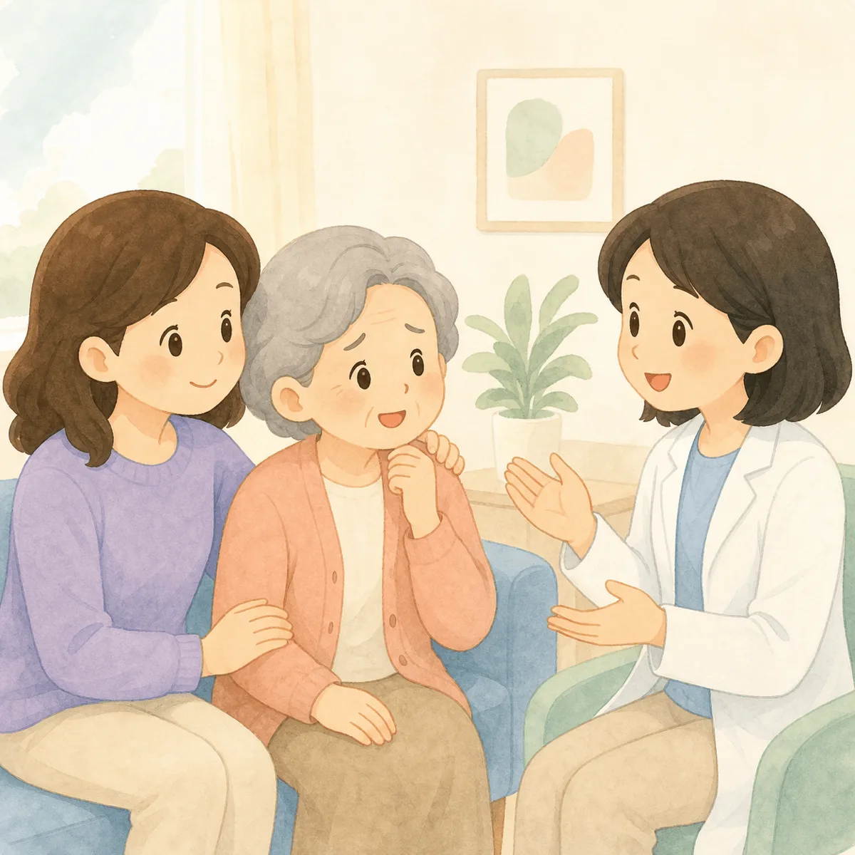 치매 초기증상을 걱정하는 노인과 가족이 치매검사를 상담하는 모습의 따뜻한 플랫 카툰