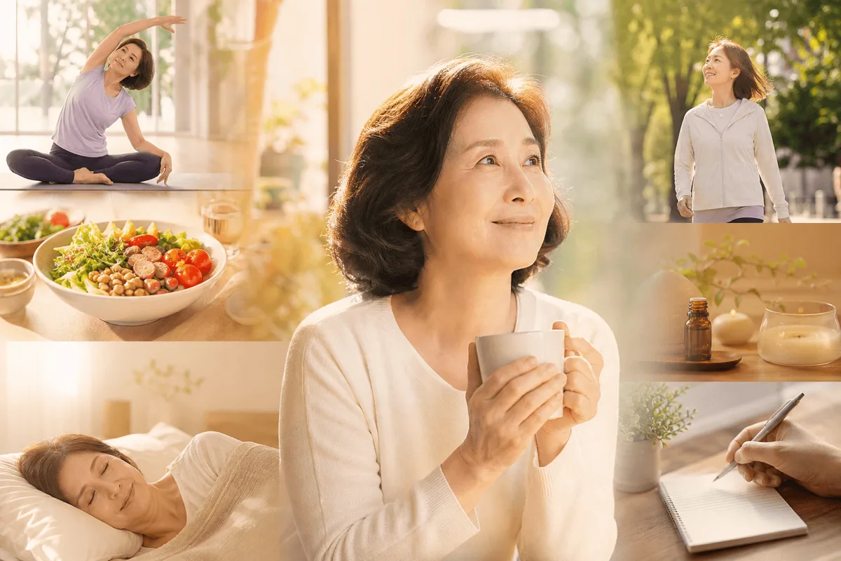 갱년기 증상 완화를 위해 걷기와 근력 운동을 실천하는 중년 여성