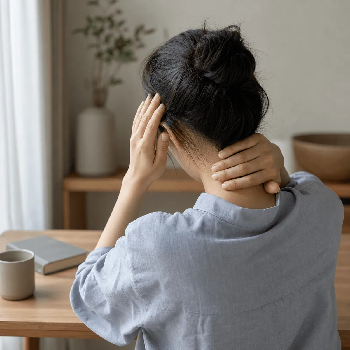 긴장성 두통과 경추성 두통으로 머리와 목의 불편함을 느끼는 사람