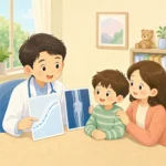 아이 키 성장 그래프와 성장판검사 결과지를 보며 상담하는 소아 성장 진료 장면
