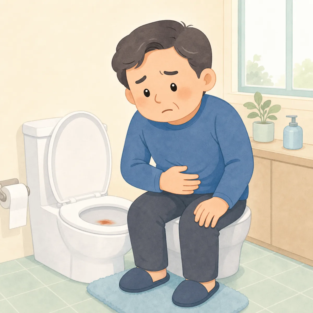 화장실에서 혈변과 복부 통증으로 대장암 초기증상을 걱정하는 중년 남성의 모습