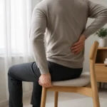 의자에 앉아 한 손으로 허리를 짚고 다른 손으로 허벅지 뒤쪽을 누르는 사람의 모습