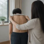 청소년이 상의를 걷고 등을 보인 채 몸통을 앞으로 굽히고, 보호자가 뒤에서 등의 좌우 높이를 살펴보는 모습