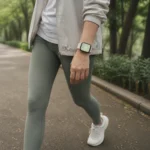 운동화를 신고 공원 산책로를 걷는 사람과 손목의 스마트워치 화면이 함께 보이는 장면