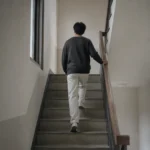 아파트 계단참에서 손잡이를 잡고 위층으로 올라가는 사람의 뒷모습