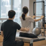 부산 도심 건물 안 재활운동 공간에서 운동지도자가 성인 회원의 자세를 옆에서 살펴보며 설명하는 장면