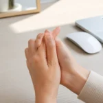책상에서 마우스를 잡던 손을 멈추고 반대쪽 손으로 검지손가락 첫마디를 감싸 쥔 사람의 손 클로즈업