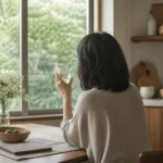 중년 여성이 부엌 식탁에 앉아 물컵을 들고 창밖을 바라보는 모습