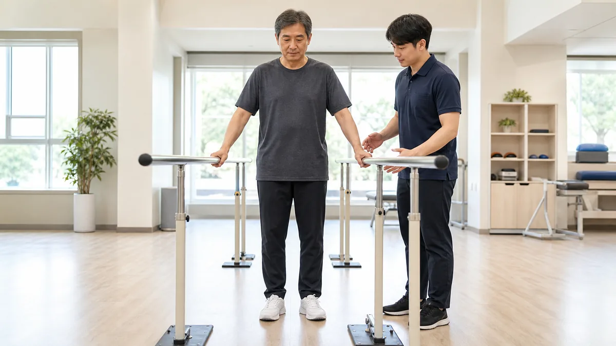 재활치료실에서 물리치료사의 안전 지원 아래 평행봉을 잡고 균형을 연습하는 성인