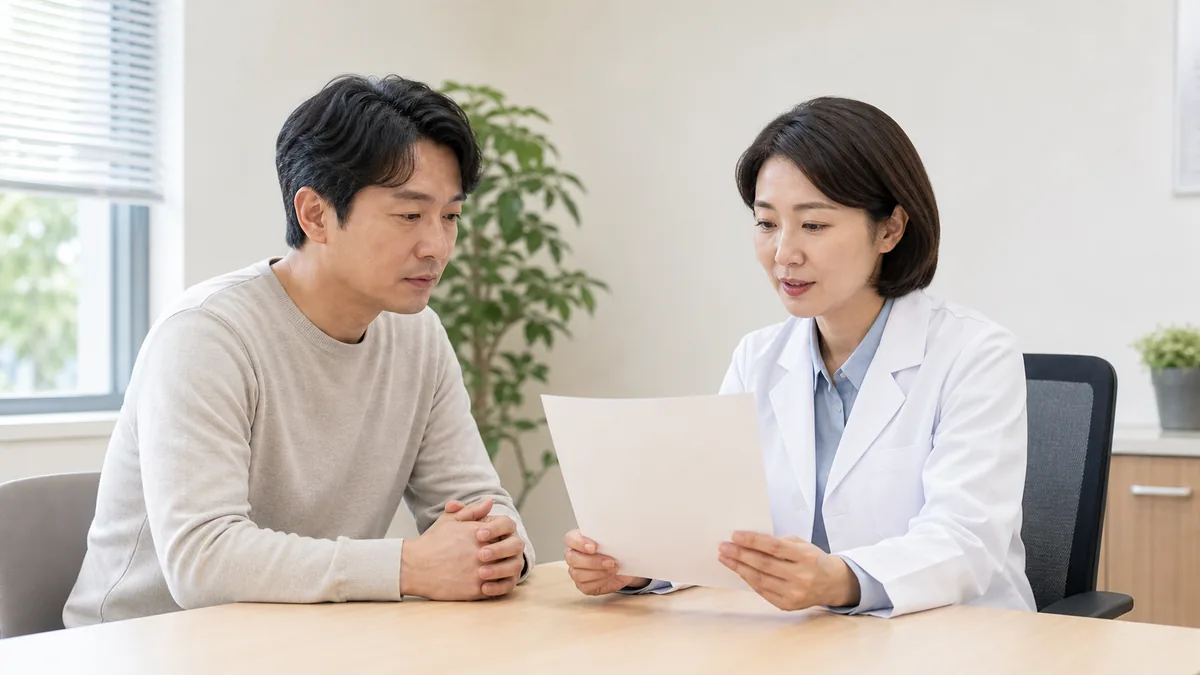 진료실에서 환자와 의료진이 혈액검사 결과를 함께 살펴보며 상담하는 모습