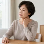 일상 중 목의 불편을 느껴 잠시 쉬는 중년 성인