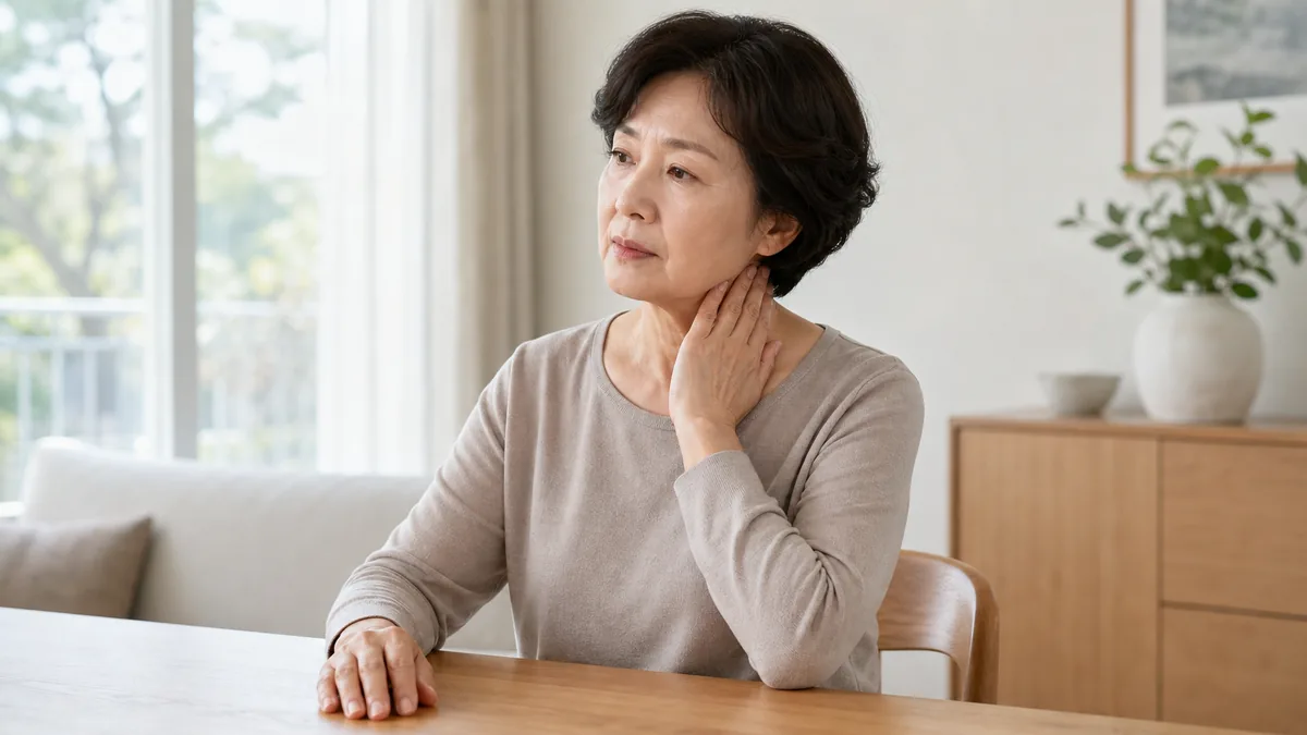 일상 중 목의 불편을 느껴 잠시 쉬는 중년 성인