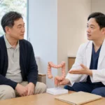 진료실에서 하트만 수술과 장루 가능성을 상담하는 성인과 외과 의료진