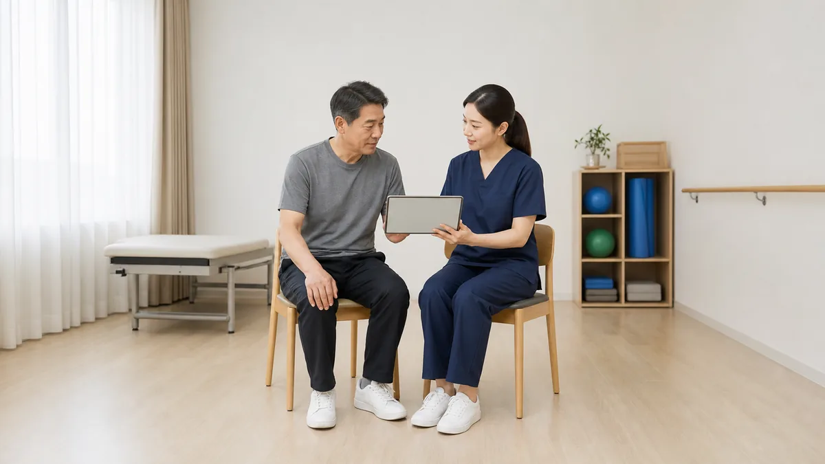 재활 상담실에서 일상 동작과 기능 보조를 상의하는 성인과 작업치료사