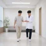 신경과 진료에서 보행과 손 기능 변화를 상담하는 환자와 의료진