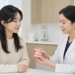 환자와 교정 전문 의료진이 옆얼굴과 치과 모형을 함께 보며 교합 차이를 상담하는 모습