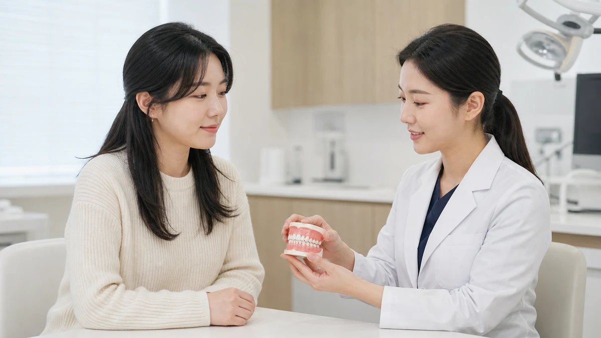 환자와 교정 전문 의료진이 옆얼굴과 치과 모형을 함께 보며 교합 차이를 상담하는 모습