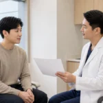 구강검진 후 수술 전 질문 목록을 두경부 의료진과 상담하는 환자