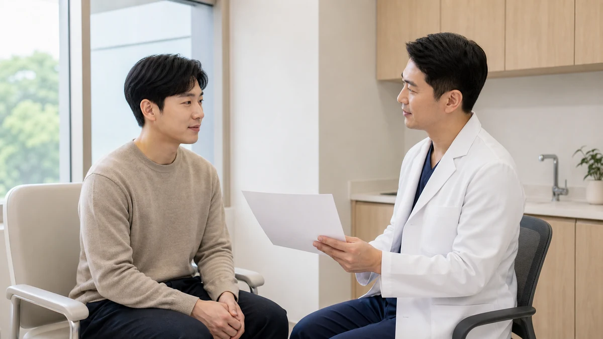 구강검진 후 수술 전 질문 목록을 두경부 의료진과 상담하는 환자