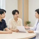 다양한 성인 두 명이 의료진과 HPV 예방 및 검사에 관해 상담하는 모습