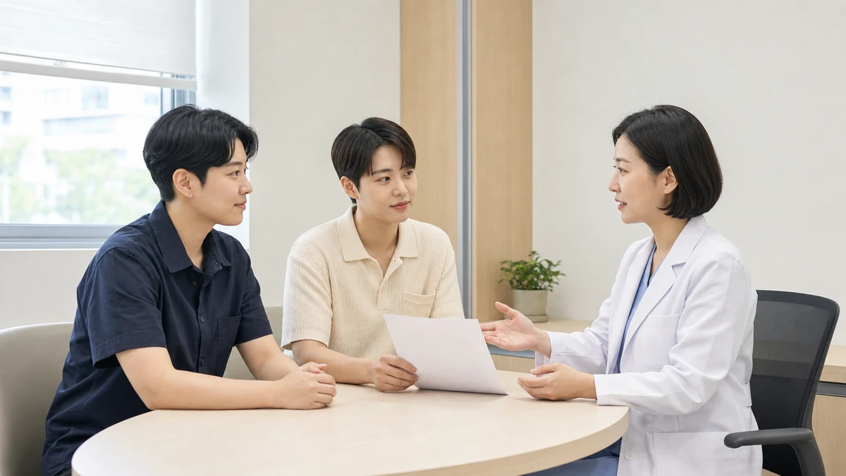 다양한 성인 두 명이 의료진과 HPV 예방 및 검사에 관해 상담하는 모습