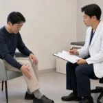 환자가 한쪽 다리의 변화와 발생 경위를 의료진에게 설명하고 의료진이 기록하는 모습