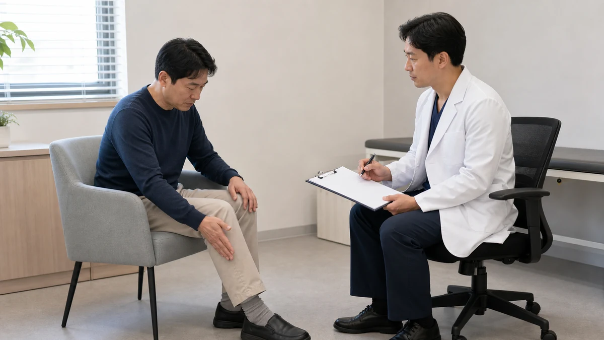 환자가 한쪽 다리의 변화와 발생 경위를 의료진에게 설명하고 의료진이 기록하는 모습