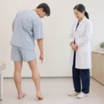 환자가 무릎 뒤쪽 불편 위치를 가볍게 가리키고 의료진이 옆에서 관찰하는 모습
