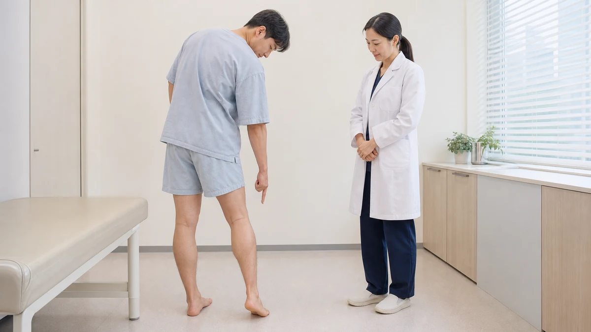 환자가 무릎 뒤쪽 불편 위치를 가볍게 가리키고 의료진이 옆에서 관찰하는 모습