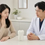 환자와 치과의사가 단순 치아 모형을 함께 보며 기존 크라운 통증을 상담하는 모습