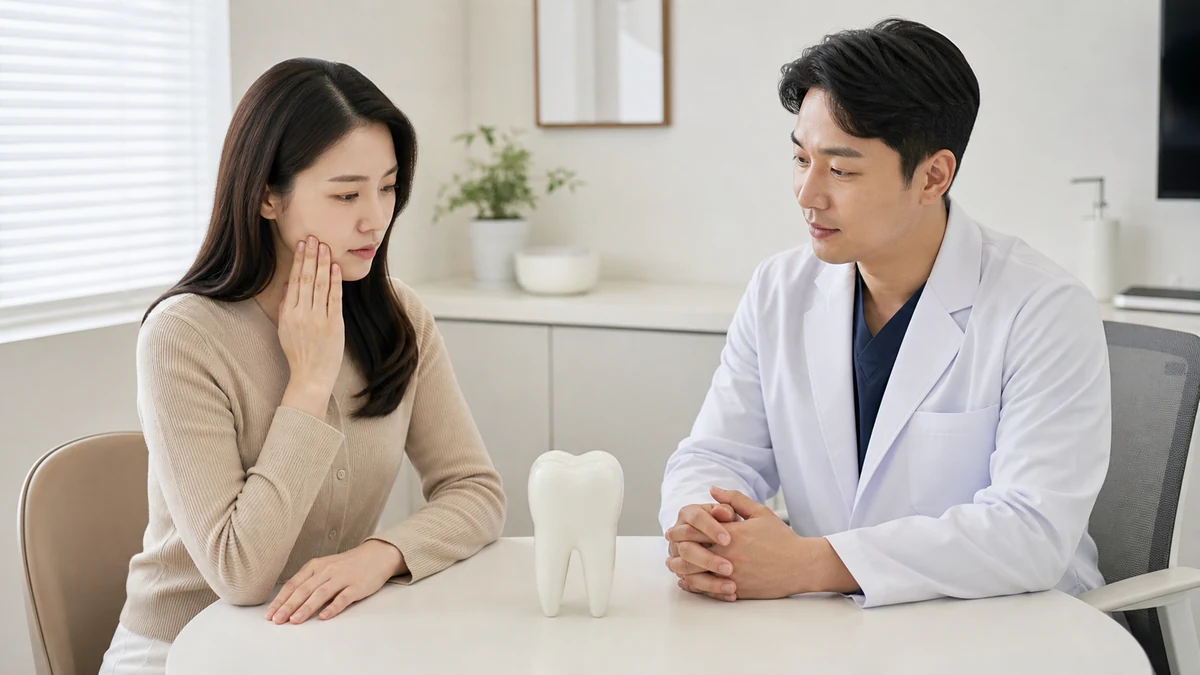 환자와 치과의사가 단순 치아 모형을 함께 보며 기존 크라운 통증을 상담하는 모습
