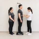 전문가가 서로 다른 체형의 성인들과 벽 신장계와 줄자를 이용해 신체 치수를 중립적으로 확인하는 모습