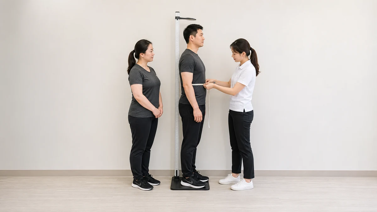 전문가가 서로 다른 체형의 성인들과 벽 신장계와 줄자를 이용해 신체 치수를 중립적으로 확인하는 모습
