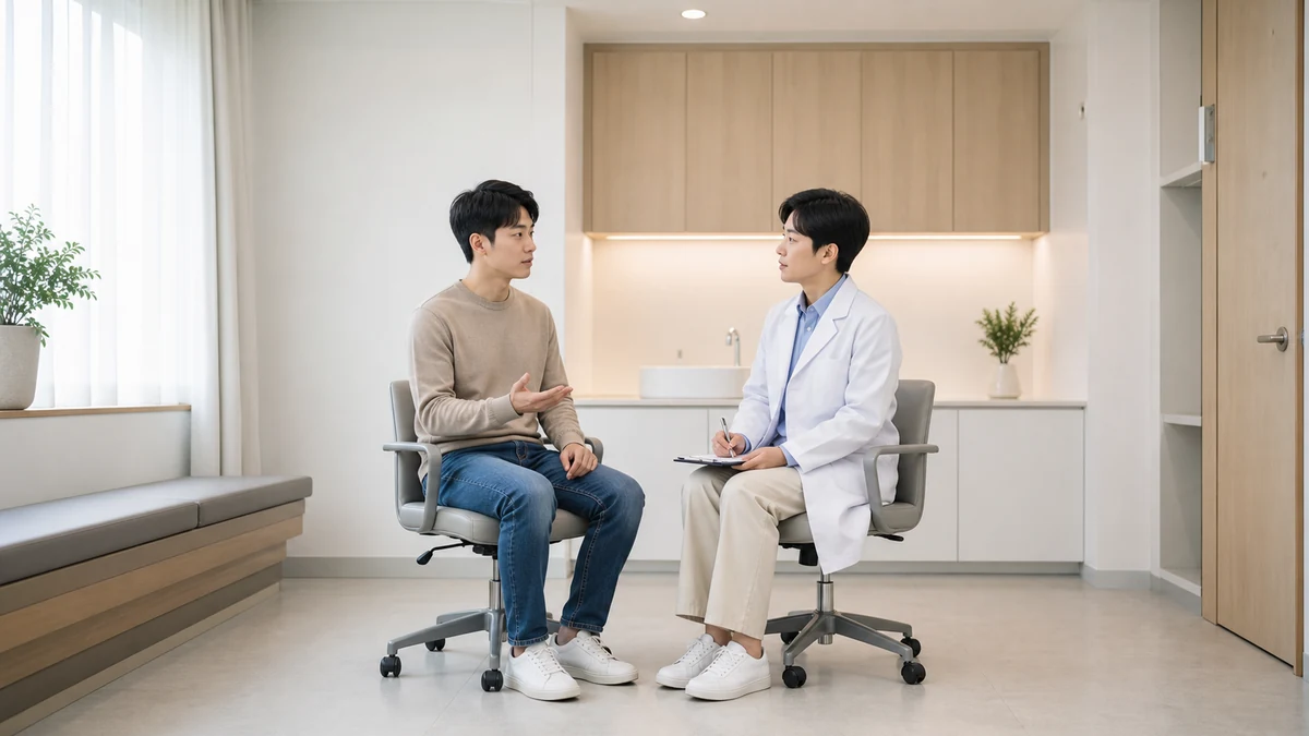 성인이 의료진과 불편이 이어진 기간과 일상 기능의 변화를 차분히 상담하는 모습
