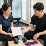 성인이 트레이너와 근력과 근지구력 등 운동 목표에 맞춘 계획을 차분히 논의하는 모습