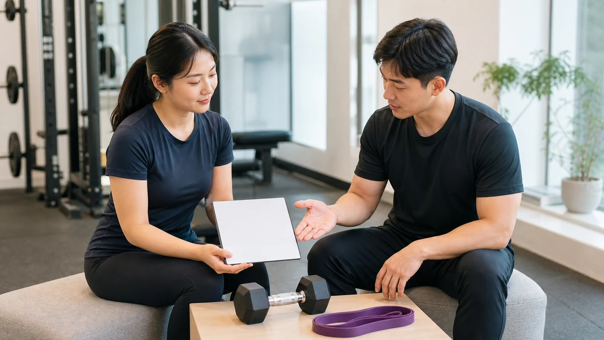 성인이 트레이너와 근력과 근지구력 등 운동 목표에 맞춘 계획을 차분히 논의하는 모습