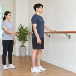 성인이 벽 난간을 가볍게 잡고 트레이너와 안전한 양발 카프레이즈 시작 자세를 확인하는 모습