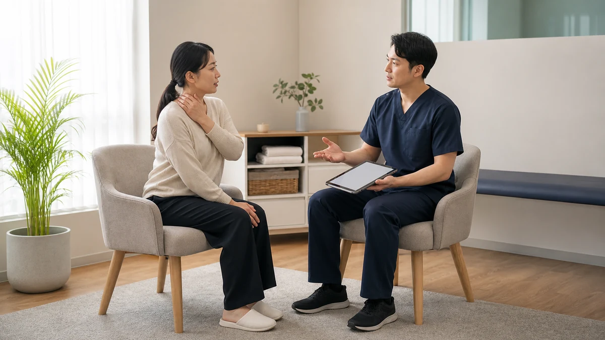 환자와 물리치료사가 목과 허리의 불편 및 일상 기능 목표를 차분히 상담하는 모습