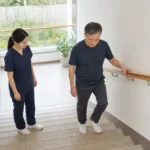 성인이 밝은 실내 계단에서 난간을 잡고 다음 발판을 보며 내려가고 전문가가 옆 계단에서 관찰하는 모습