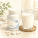 글자 없는 보충제 용기와 캡슐, 우유 한 잔