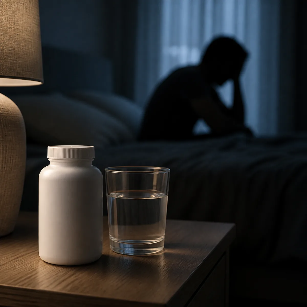 침대 옆 협탁에 놓인 영양제 병과 물컵, 어두운 조명 아래 잠들지 못한 사람의 실루엣