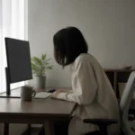책상 앞에서 모니터를 보며 목을 앞으로 내민 자세로 앉아 있는 사람의 옆모습