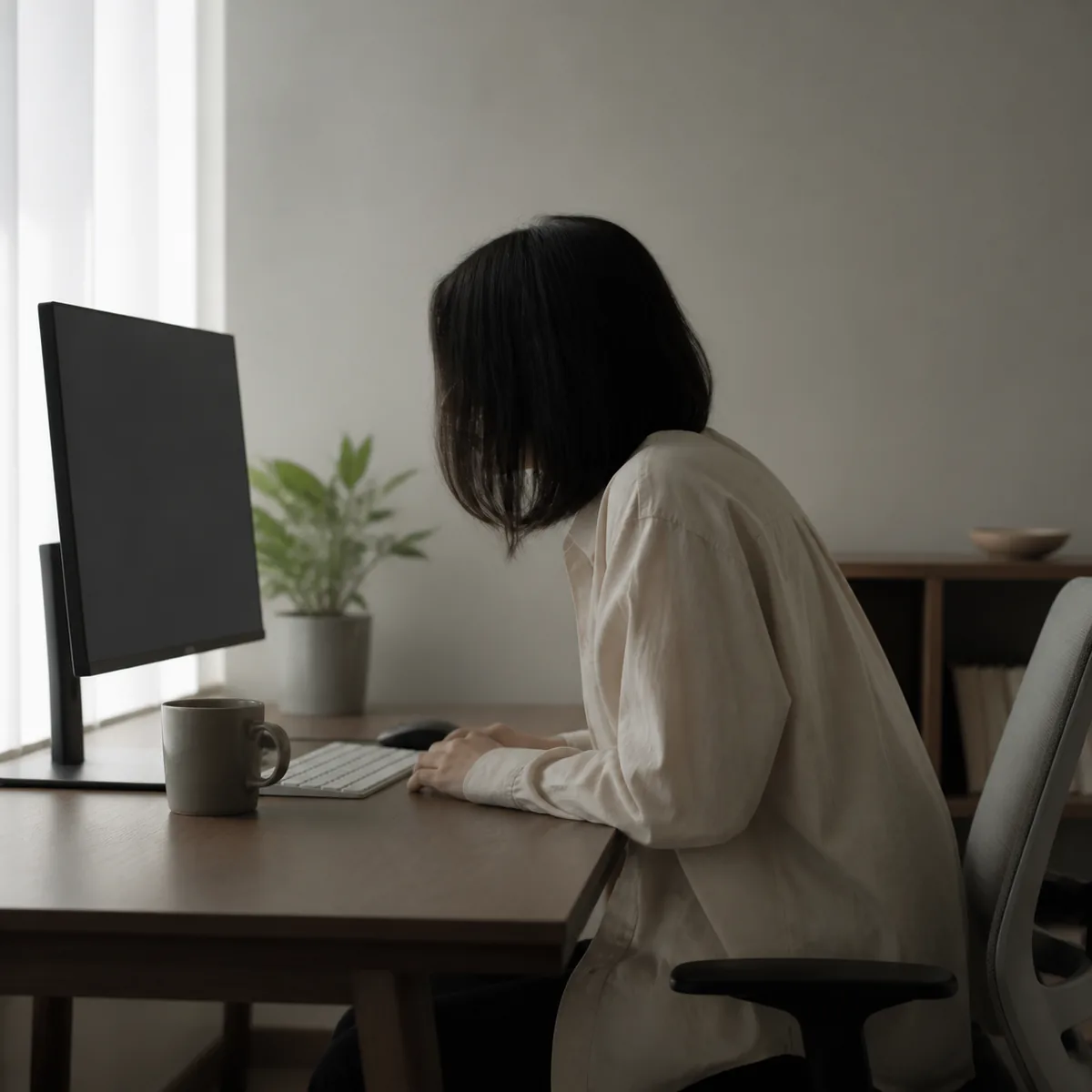 책상 앞에서 모니터를 보며 목을 앞으로 내민 자세로 앉아 있는 사람의 옆모습