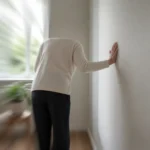 어지럼증으로 벽을 짚고 서 있는 사람과 흔들리는 시야를 표현한 이미지