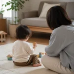 34개월 아이가 거실 매트에서 블록을 들고 앉아 있고, 보호자가 옆에서 아이의 말과 반응을 살피는 장면