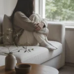 창가 소파에 앉아 무릎을 감싸 안고 생각에 잠긴 사람의 모습