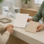 백신 접종 안내문과 예방접종 수첩을 앞에 두고 상담 창구에서 접종 대상 여부를 확인하는 장면