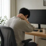 책상 앞에서 고개를 앞으로 내민 자세로 모니터를 보다가 손으로 목뒤를 짚고 잠시 눈을 감은 사람