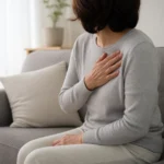 중년 여성이 소파에 앉아 한쪽 가슴 위쪽을 손으로 짚으며 통증 부위를 살펴보는 모습