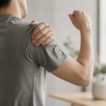 한 사람이 오른쪽 어깨를 왼손으로 감싸 쥐고 팔을 들어 올리기 어려워하는 모습